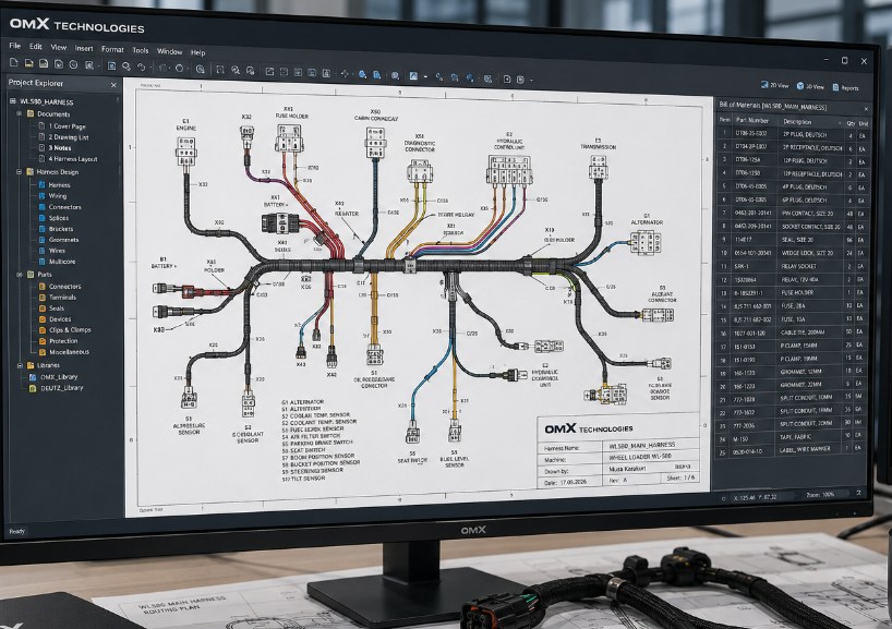 omX CAD ortamında yükleyici ana harness tasarımı: renk kodlu devre şeması, konnektör kütüphanesi ve malzeme listesi (BOM) paneli
